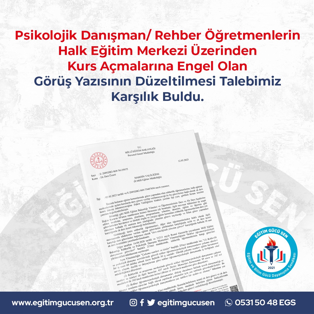 Eğitim Gücü Sen'in Psikolojik Danışman/ Rehber Öğretmenler Adına Yaptığı O Talep Karşılık Buldu