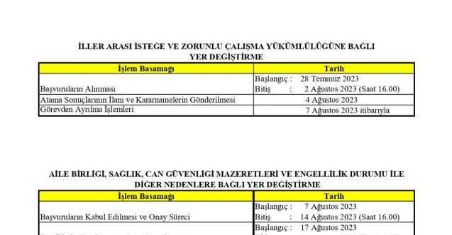 İl dışı atama başvuruları ne zaman?